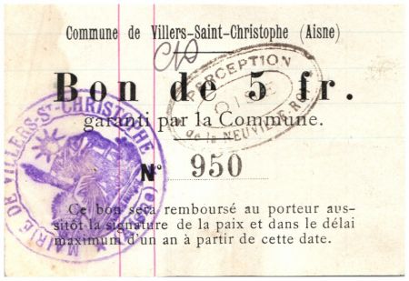 France 5 Francs Villers-Saint-Christophe Commune - 1915