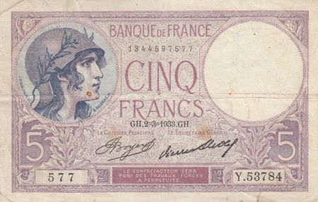 France 5 Francs Violet - 02-03-1933 -Série Y.53784