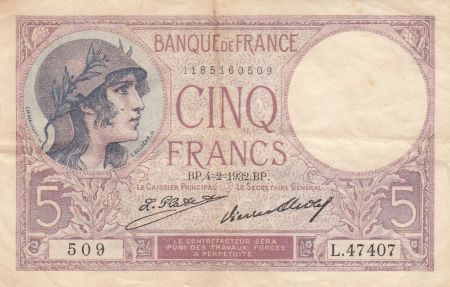France 5 Francs Violet - 04-02-1932 Série L.47407- TTB