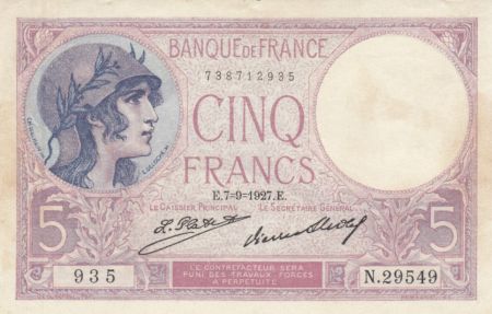 France 5 Francs Violet - 07-09-1927 Série N.29549 - TTB + à SUP