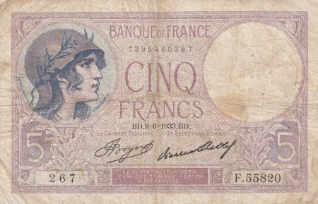 France 5 Francs Violet - 08-06-1933 -Série F.55820