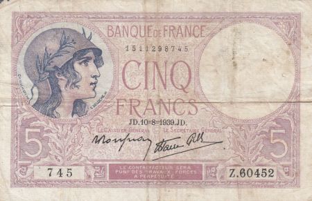 France 5 Francs Violet - 10-08-1939 -Série Z.60452