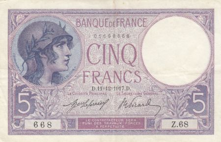 France 5 Francs Violet - 11-12-1917 Série Z.68