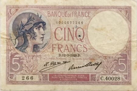France 5 Francs Violet - 12-03-1929 Série C.40028  - TTB