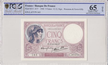 France 5 Francs Violet - 12-12-1940 -PCGS 65 OPQ