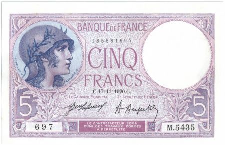 France 5 Francs Violet - 17-11-1920 Série M.5435 - Rare