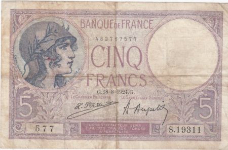 France 5 Francs Violet - 18-08-1924 Série S.19311 - TB