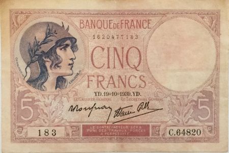 France 5 Francs Violet - 19-10-1939 Série C.64820  - TTB