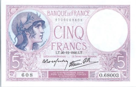 France 5 Francs Violet - 1940 - O.68003