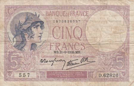 France 5 Francs Violet - 21-09-1939 -Série D.62826