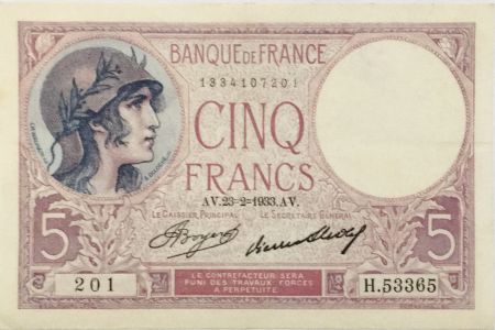 France 5 Francs Violet - 23-02-1933 Série H.53365  - SUP
