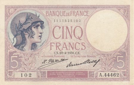 France 5 Francs Violet - 23-04-1931 Série A.44462 - SUP