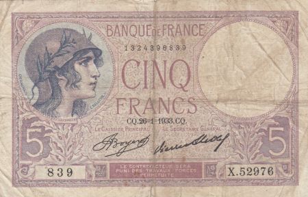 France 5 Francs Violet - 26-01-1933 -Série X.52976