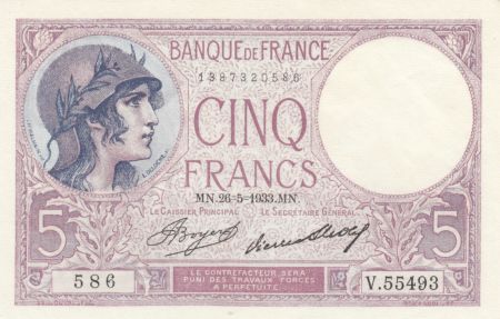France 5 Francs Violet - 26-05-1933 -Série V.55493 - Neuf
