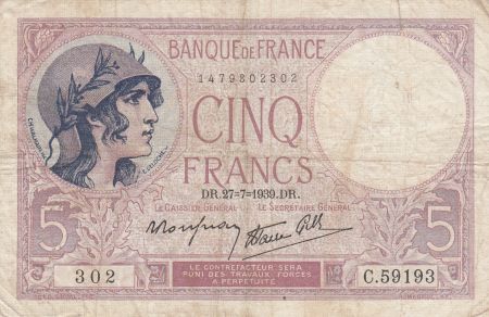 France 5 Francs Violet - 27-07-1939 -Série C.59193