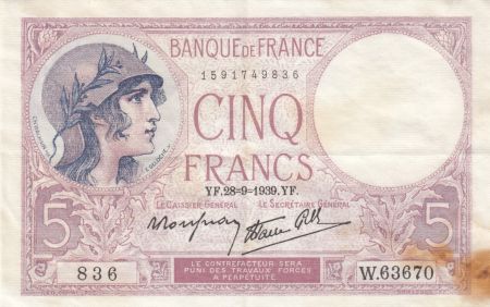 France 5 Francs Violet - 28-09-1939 -Série W.63670