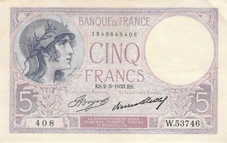 France 5 Francs Violet 02-03-1933 Série W.53746 - TTB