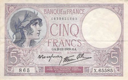 France 5 Francs Violet 02-11-1939 Série X.65585 - PTTB