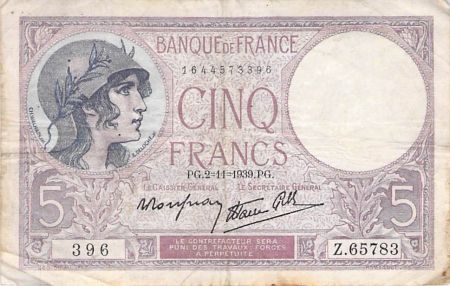 France 5 Francs Violet 02-11-1939 Série Z.65783 - TB+