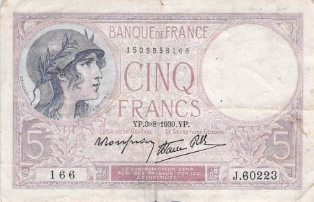 France 5 Francs Violet 03-08-1939 Série J.60223 - TB+