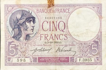 France 5 Francs Violet 05-10-1918 Série F.3935 - TB+