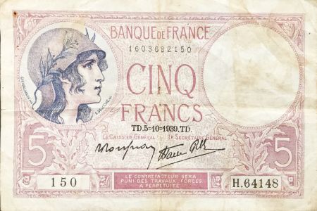 France 5 Francs Violet 05-10-1939 Série H.64148 - TB+