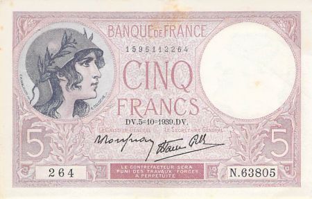 France 5 Francs Violet 05-10-1939 Série N.63805 - PSUP