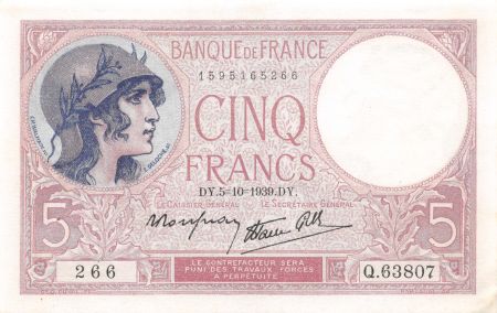 France 5 Francs Violet 05-10-1939 Série Q.63807 - SUP+