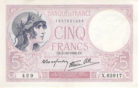 France 5 Francs Violet 05-10-1939 Série X.63917 - PSUP