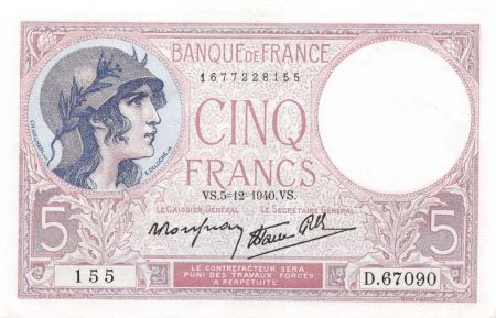 France 5 Francs Violet 05-12-1940 Série D.67090 - SPL