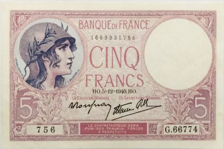 France 5 Francs Violet 05-12-1940 Série G.66774 - SUP