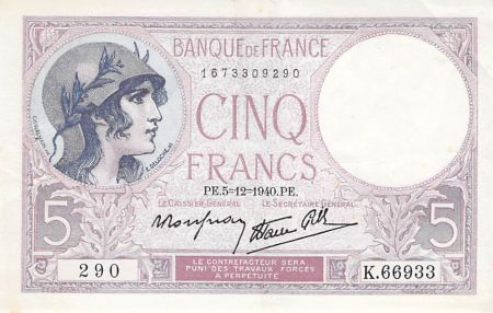 France 5 Francs Violet 05-12-1940 Série K.66933 - TTB+