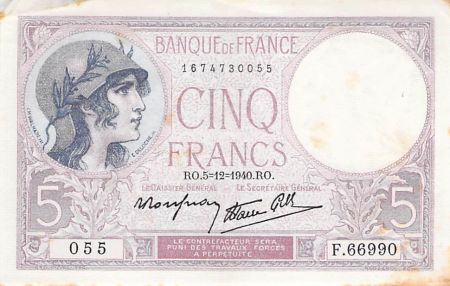France 5 Francs Violet 05-12-1940 Série K.66990 - PSUP