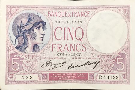 France 5 Francs Violet 06-04-1933 Série R.54133 - SUP