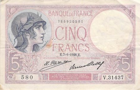 France 5 Francs Violet 07-01-1928 Série V.31437 - TB+