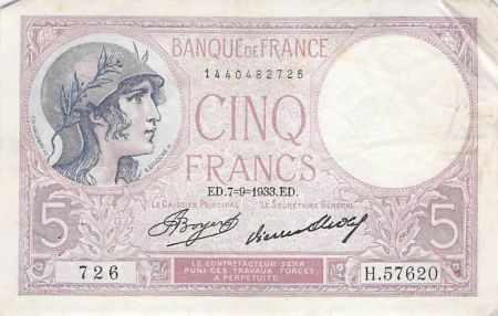 France 5 Francs Violet 07-09-1933 Série H.57620 - PTTB