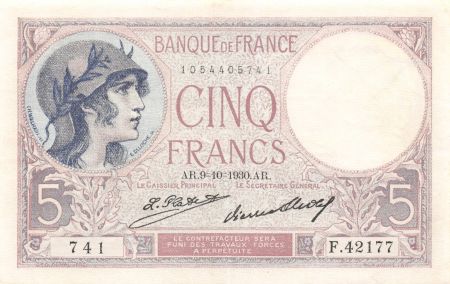 France 5 Francs Violet 09-10-1930 Série F.42177 - SUP