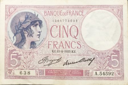 France 5 Francs Violet 13-04-1933 Série A.54592 - TTB