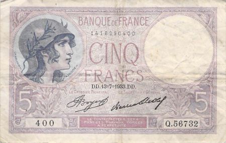France 5 Francs Violet 13-07-1933 Série Q.56732 - TB
