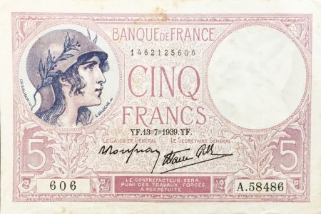 France 5 Francs Violet 13-07-1939 Série A.58486 - TTB