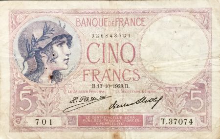 France 5 Francs Violet 13-10-1928 Série T.37074 - TB