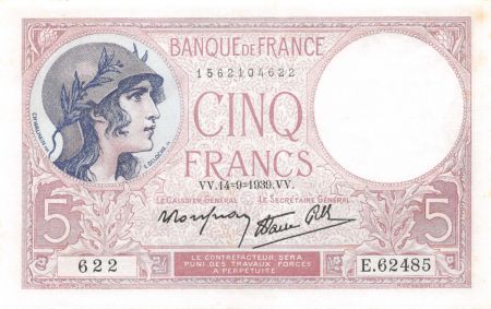 France 5 Francs Violet 14-09-1939 Série E.62482 - SPL