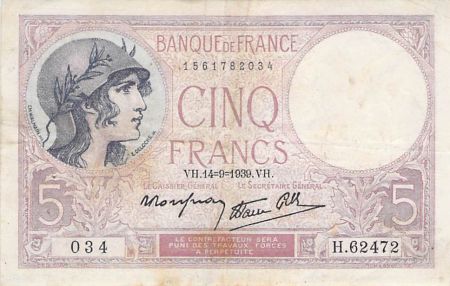 France 5 Francs Violet 14-09-1939 Série H.62472 - PTTB