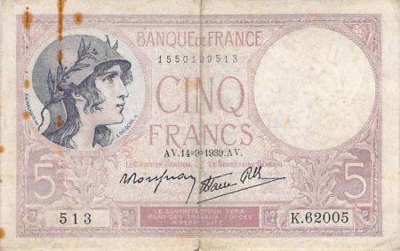 France 5 Francs Violet 14-09-1939 Série K.62005 - TB+