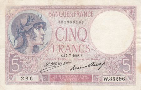 France 5 Francs Violet 17-07-1928 Série W.35296 - TTB