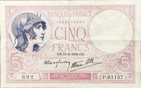 France 5 Francs Violet 17-08-1939 Série P.61157 - TTB