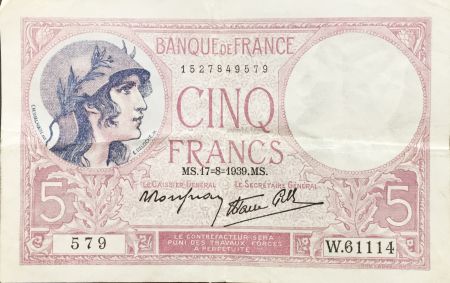 France 5 Francs Violet 17-08-1939 Série W.61114 - TTB