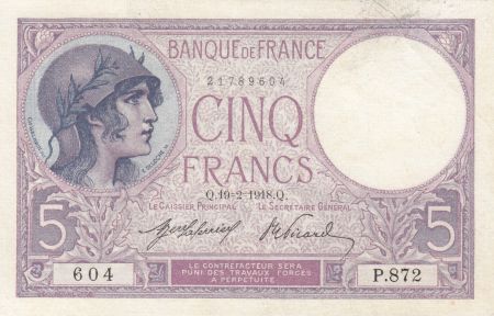 France 5 Francs Violet 19-02-1918 Série p.872 - TTB