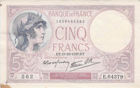 France 5 Francs Violet 19-10-1939 Série E.64379 - TTB+
