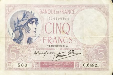 France 5 Francs Violet 19-10-1939 Série G.64825 - TTB